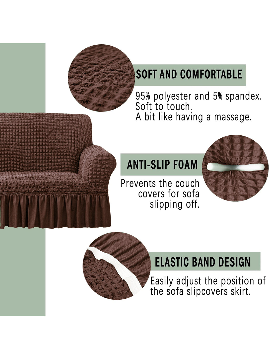 Elastic Stretchable Universal Sofa Cover with Ruffle Skirt 3+1+1 Seater- Brown