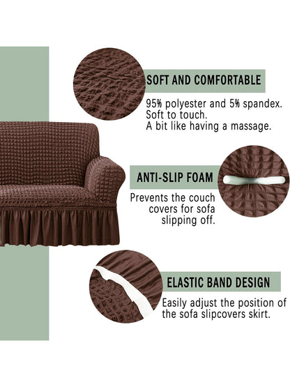 Elastic Stretchable Universal Sofa Cover with Ruffle Skirt 2 Seater- Brown