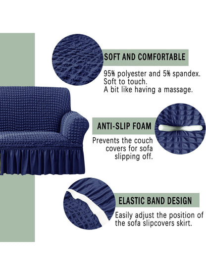 Elastic Stretchable Universal Sofa Cover with Ruffle Skirt 2 Seater- Navy Blue