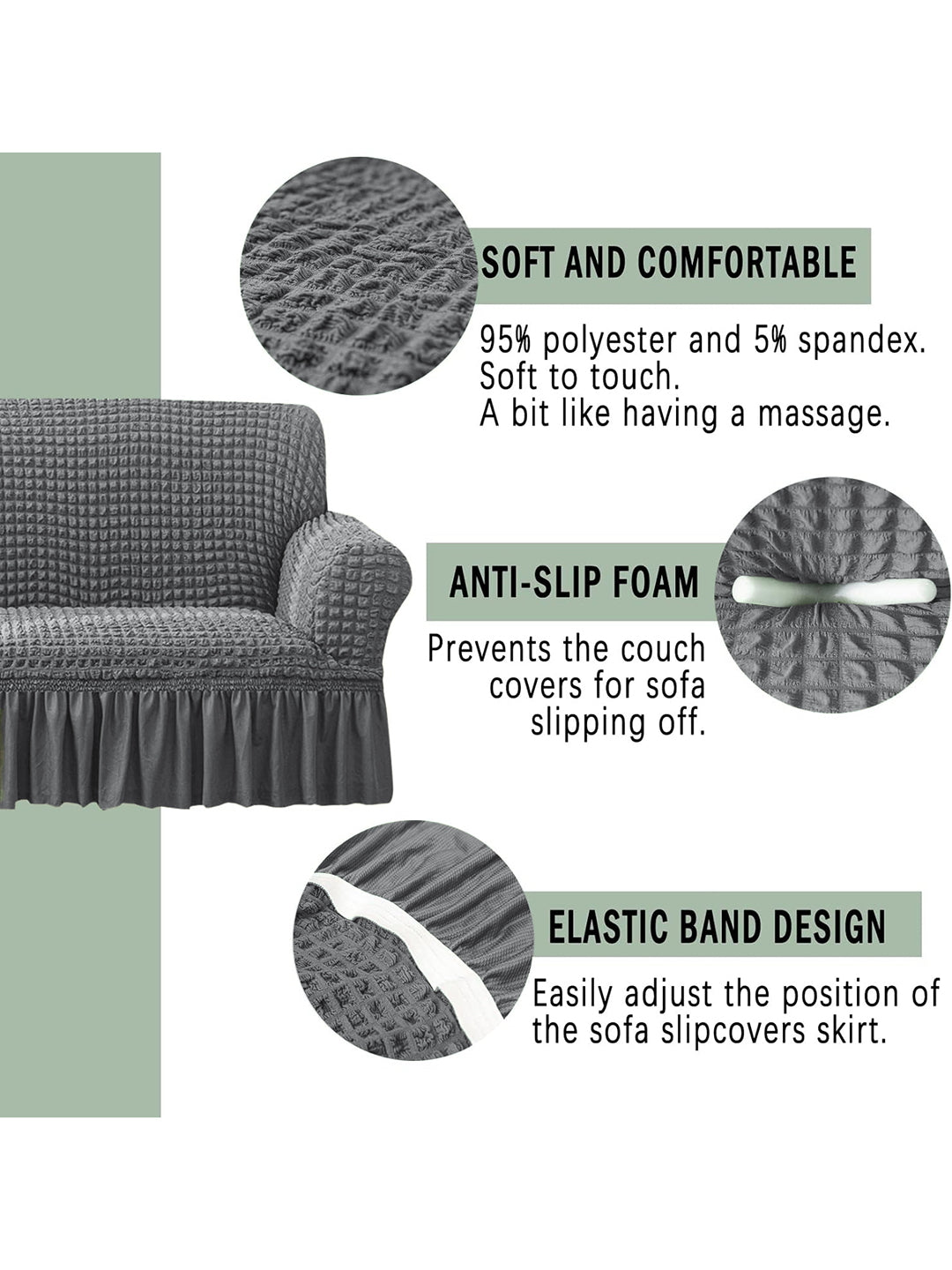 Elastic StretchableFrill 3 Seater Combo Sofa Cover-Grey