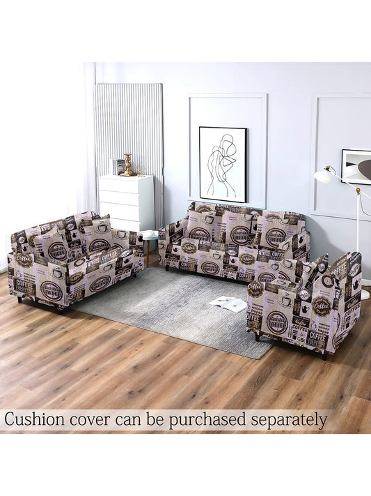 Polyester Stretchable Coffee Bean Printed Sofa Cover 3+1+1 Seater- Brown