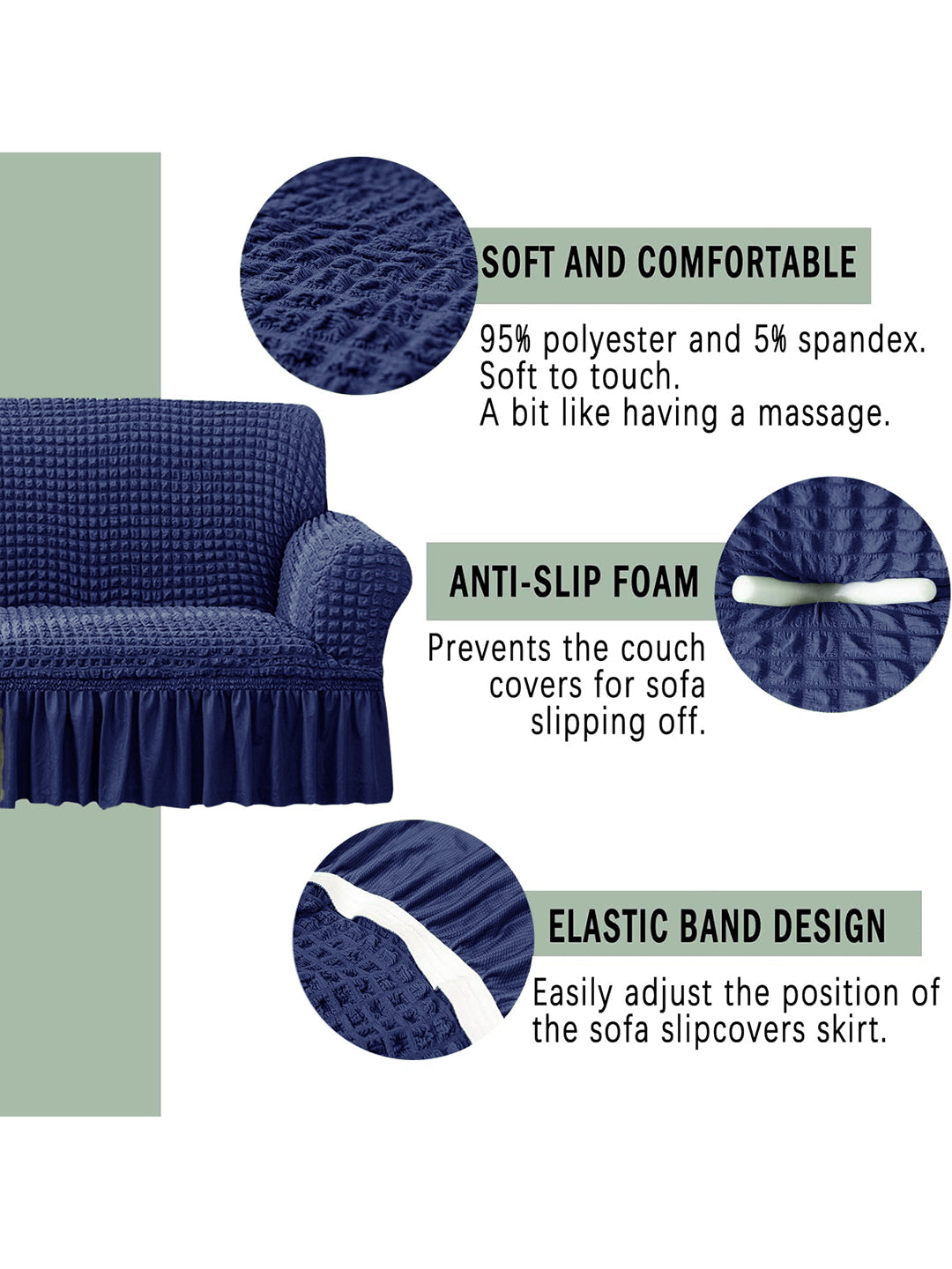 Elastic StretchableFrill 3 Seater Combo Sofa Cover-Blue