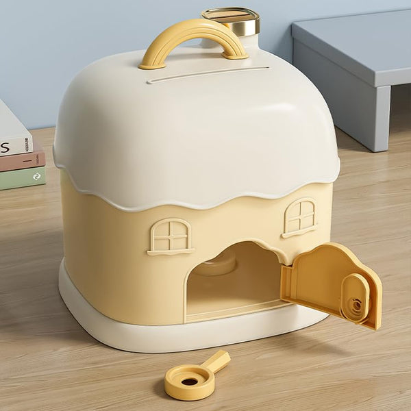 Cortina Cottage House-Shaped Piggy Bank for Kids – Cute ATM-Style Coin Bank, Plastic Coin Saver with Handle & Keys, Money box Gift Item for kids Ages 3+ ( Yellow, Pack of 1 )