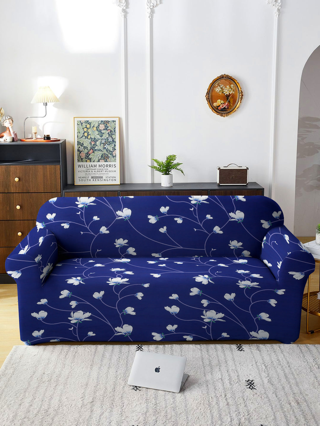 Elastic Stretchable Universal Printed Sofa Cover 2 Seater- Navy Blue