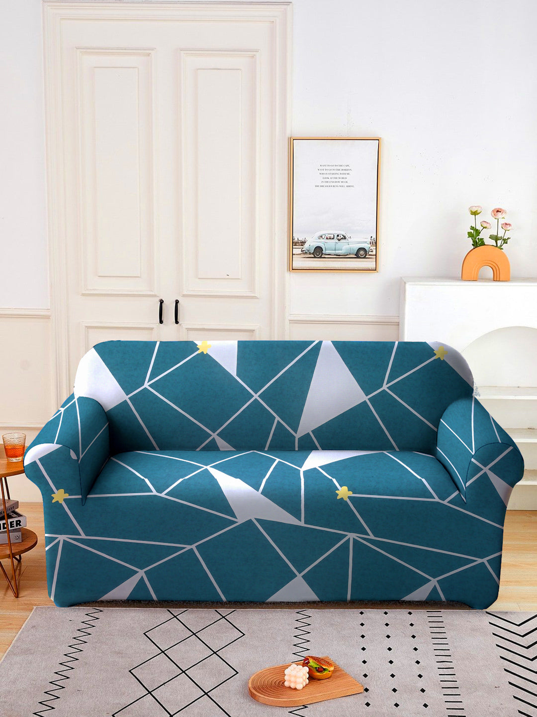 Elastic Stretchable Universal Printed Sofa Cover 2 Seater- Navy Blue