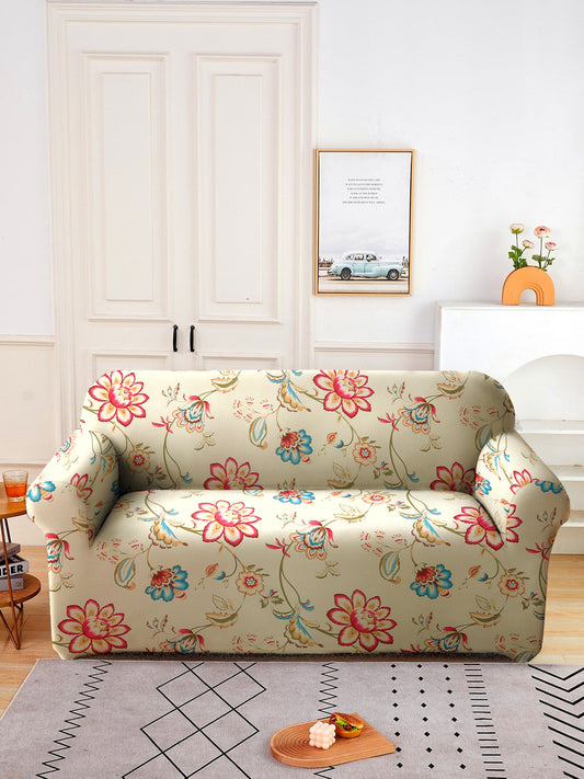 Elastic Stretchable Universal Printed Sofa Cover 4 Seater- Cream