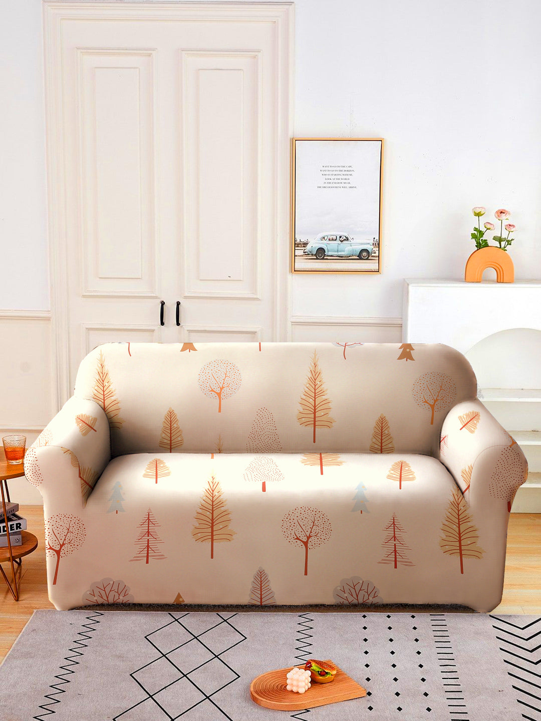 Elastic Stretchable Universal Printed Sofa Cover 2 Seater- Beige
