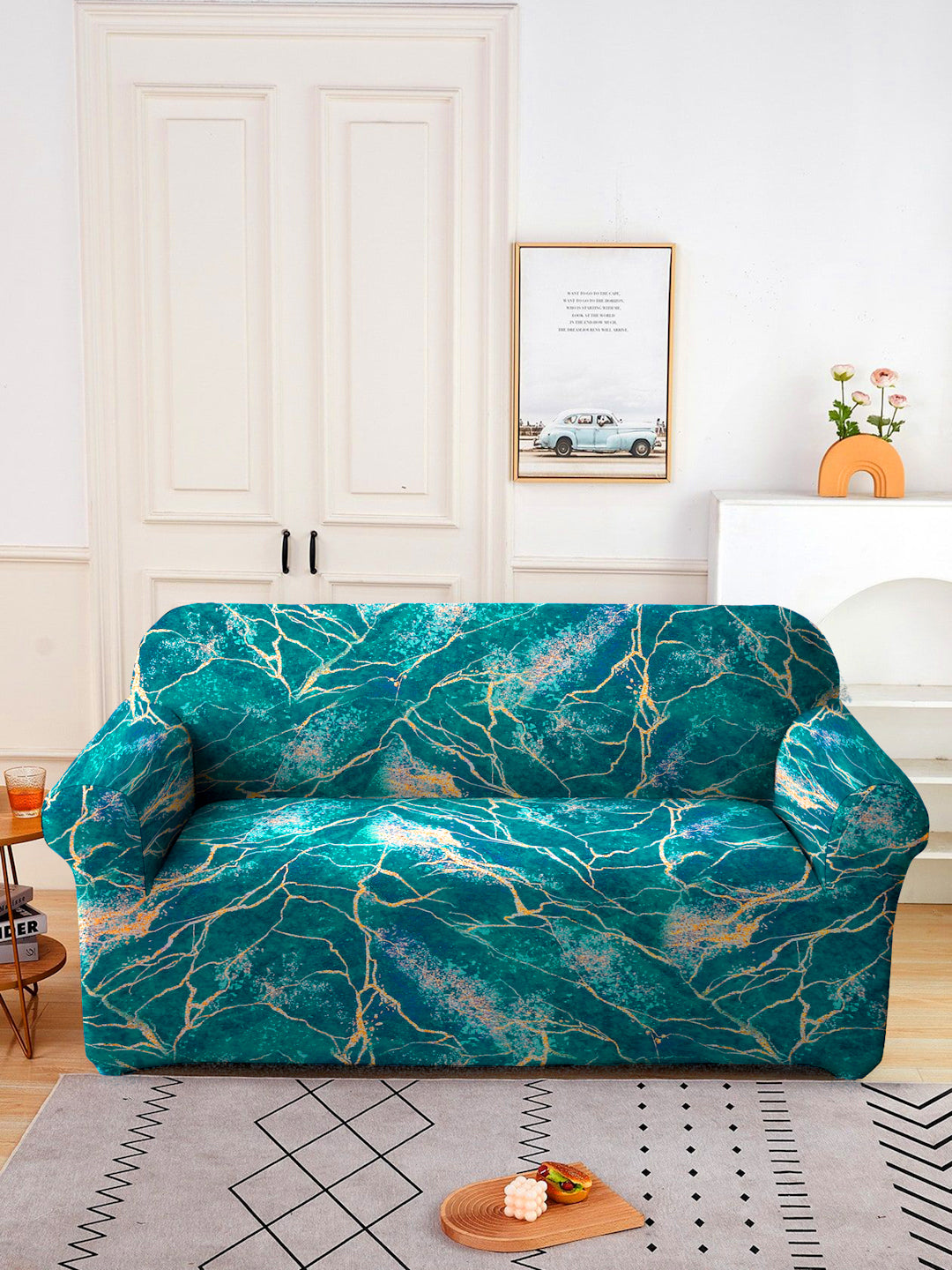 Elastic Stretchable Universal Printed Sofa Cover 4 Seater- Teal