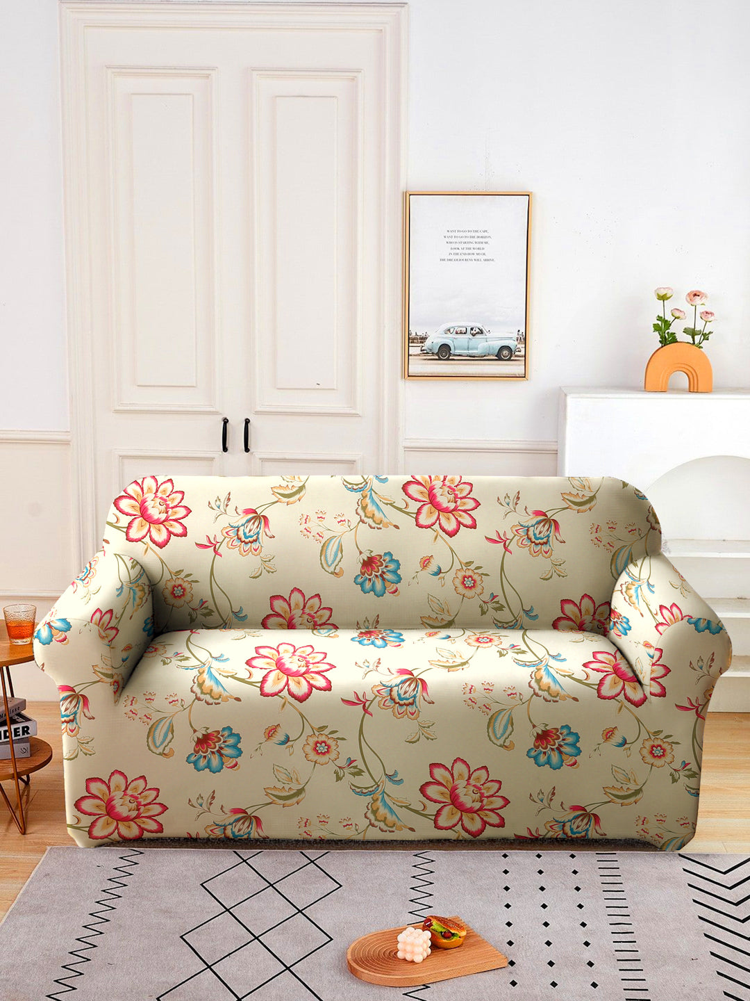 Elastic Stretchable Universal Printed Sofa Cover 3 Seater- Cream