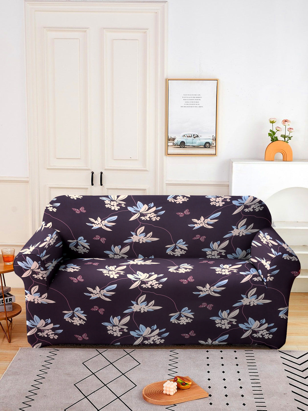 Elastic Stretchable Universal Printed Sofa Cover 4 Seater- Purple