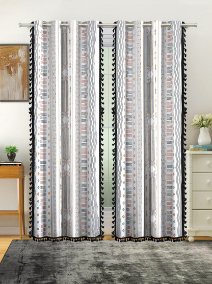 Cotton Printed Boho Light Filtering Long Door Curtain with Lace- Multicolour (Pack of 2)