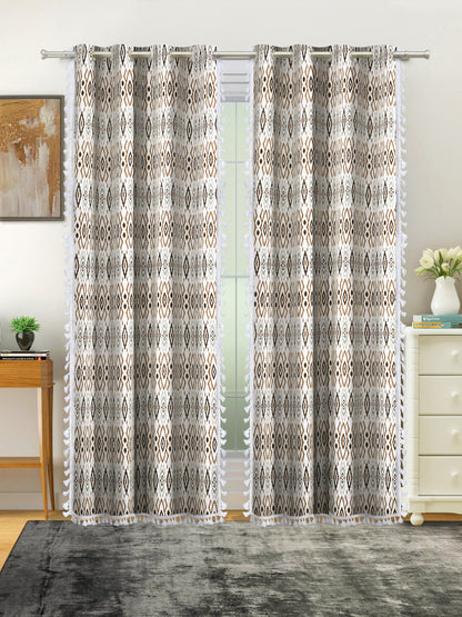 Cotton Printed Boho Light Filtering Door Curtain with Lace- Brown (Pack of 1)