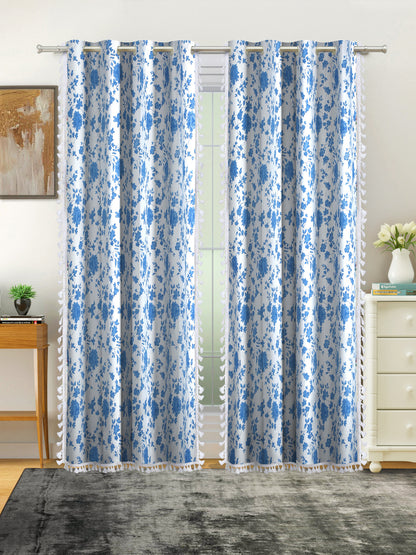 Cotton Printed Boho Light Filtering Long Door Curtain with Lace- Blue (Pack of 2)