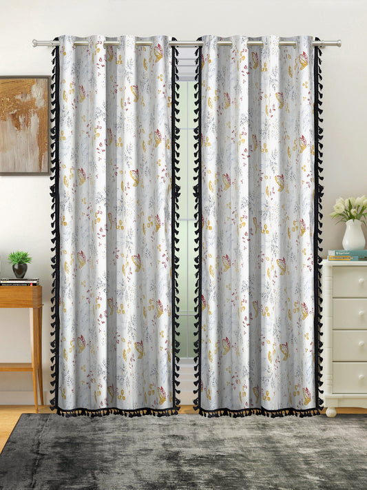 Cotton Printed Boho Light Filtering Long Door Curtain with Lace- White (Pack of 2)