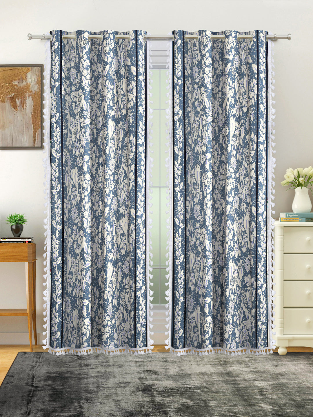Cotton Printed Boho Light Filtering Long Door Curtain with Lace- Navy Blue (Pack of 1)
