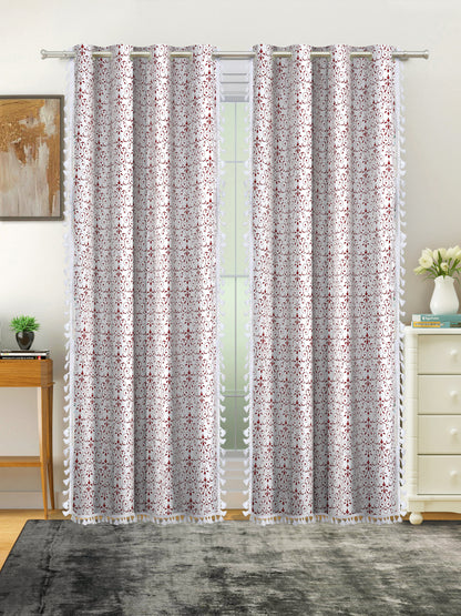 Cotton Printed Boho Light Filtering Door Curtain with Lace- Red (Pack of 2)