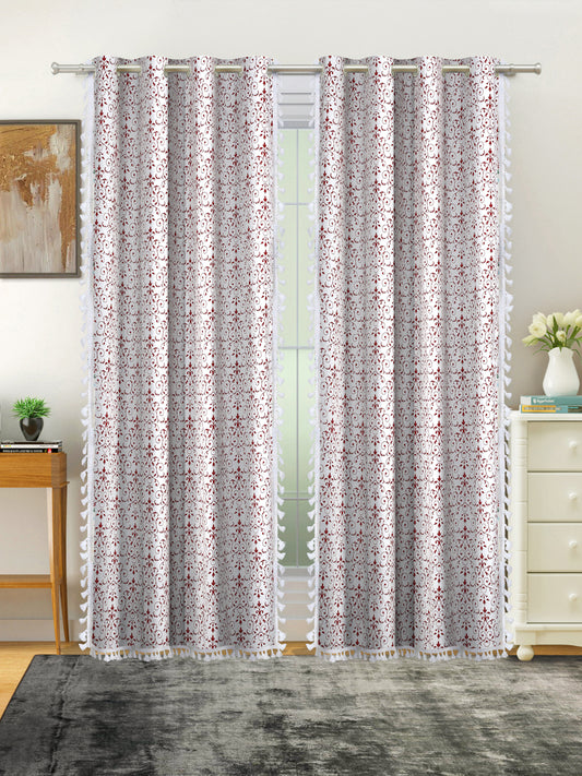 Cotton Printed Boho Light Filtering Long Door Curtain with Lace- Red (Pack of 2)