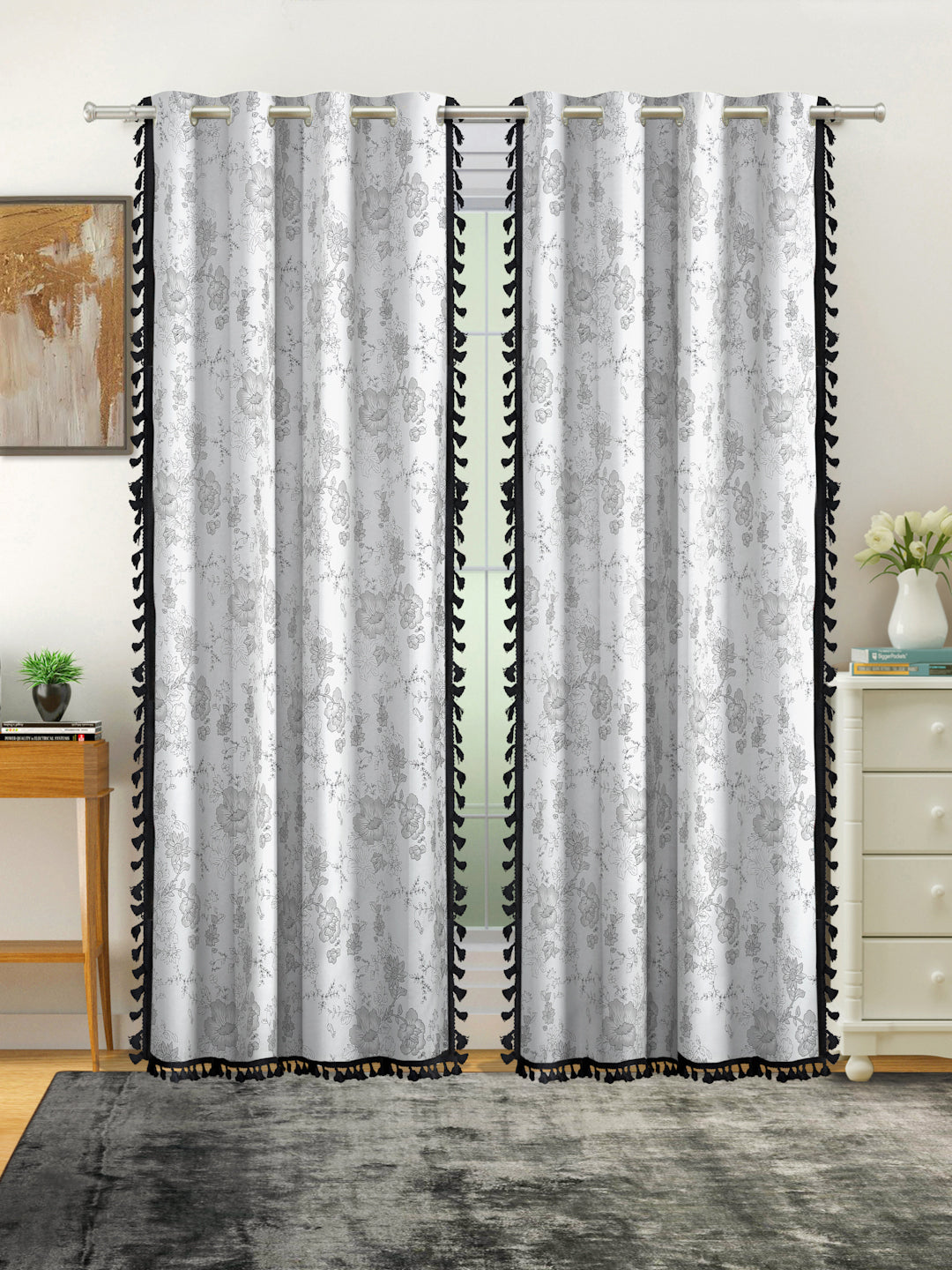 Cotton Printed Boho Light Filtering Door Curtain with Lace- Cream (Pack of 2)