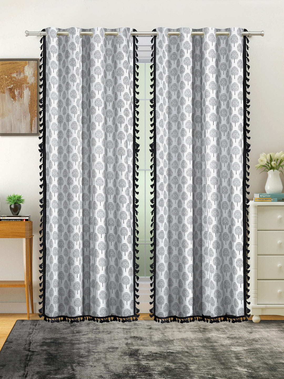 Cotton Printed Boho Light Filtering Long Door Curtain with Lace- Black and White (Pack of 2)