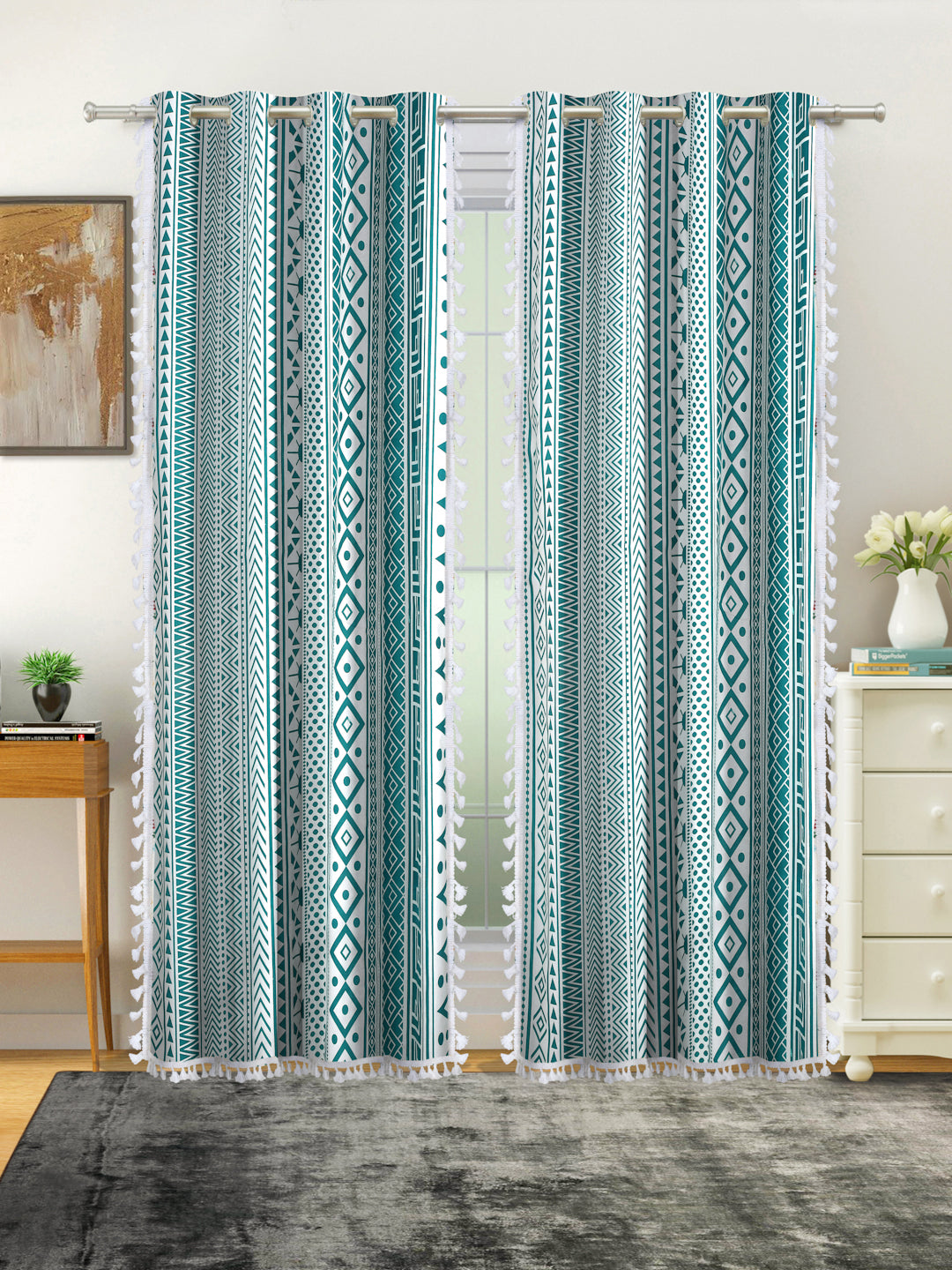 Cotton Printed Boho Light Filtering Long Door Curtain with Lace- Teal (Pack of 2)