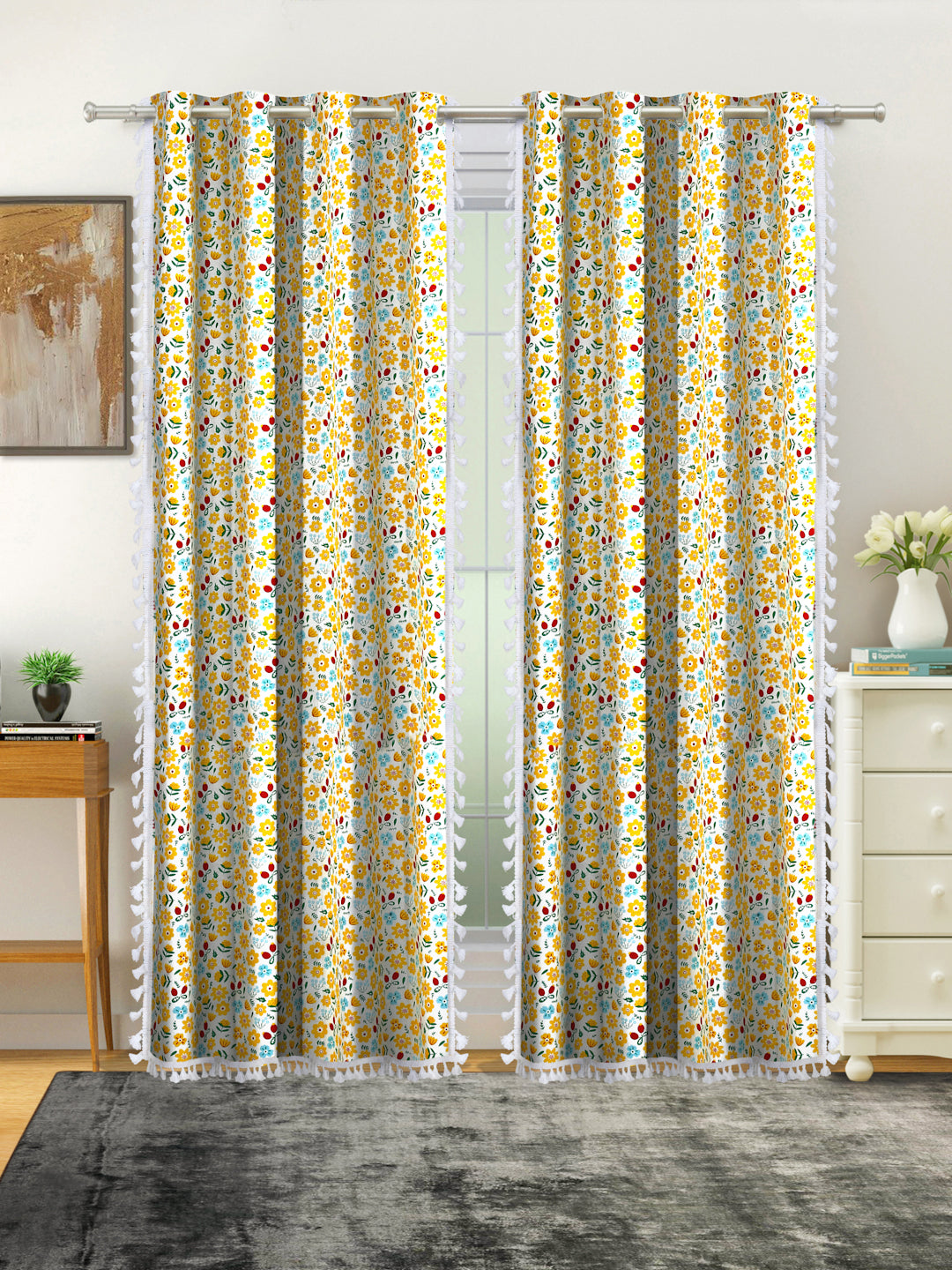 Cotton Printed Boho Light Filtering Door Curtain with Lace- Yellow (Pack of 2)