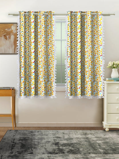 Cotton Printed Boho Light Filtering Window Curtain with Lace- Yellow (Pack of 2)