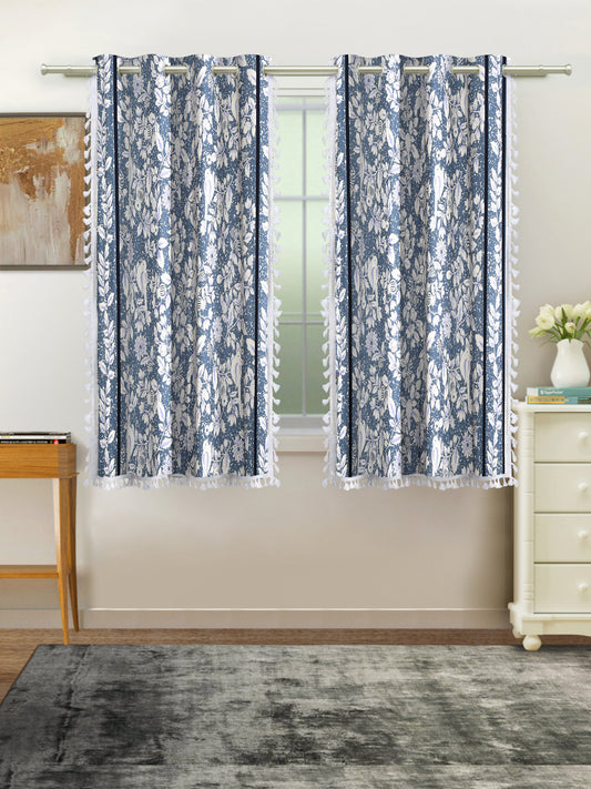 Cotton Printed Boho Light Filtering Window Curtain with Lace- Navy Blue (Pack of 1)