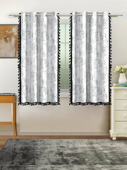 Cotton Printed Boho Light Filtering Window Curtain with Lace- Cream (Pack of 2)