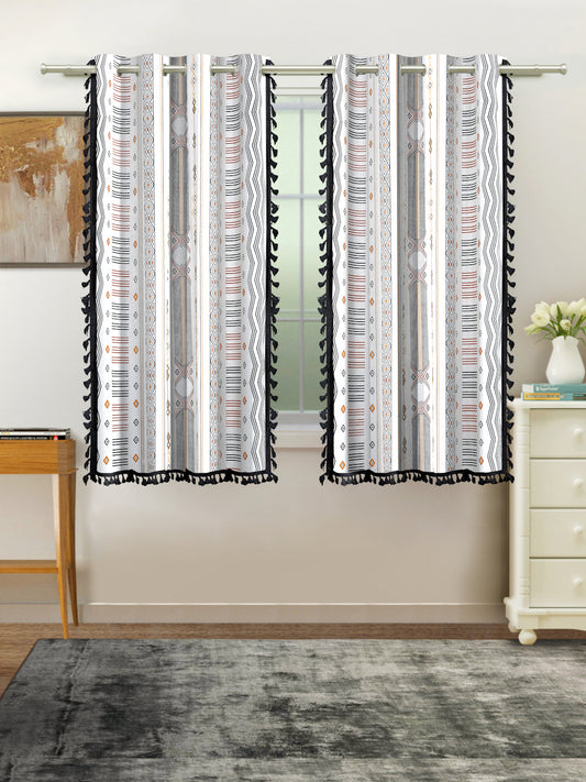 Cotton Printed Boho Light Filtering Window Curtain with Lace- Multicolour (Pack of 1)