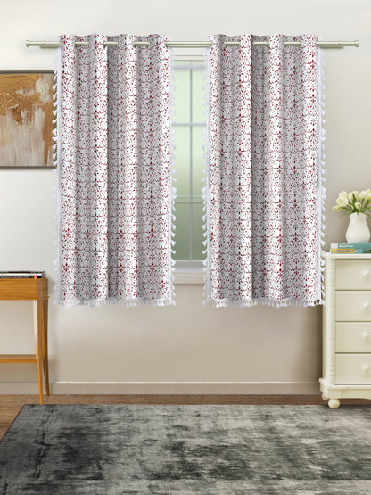 Cotton Printed Boho Light Filtering Window Curtain with Lace- Red (Pack of 2)