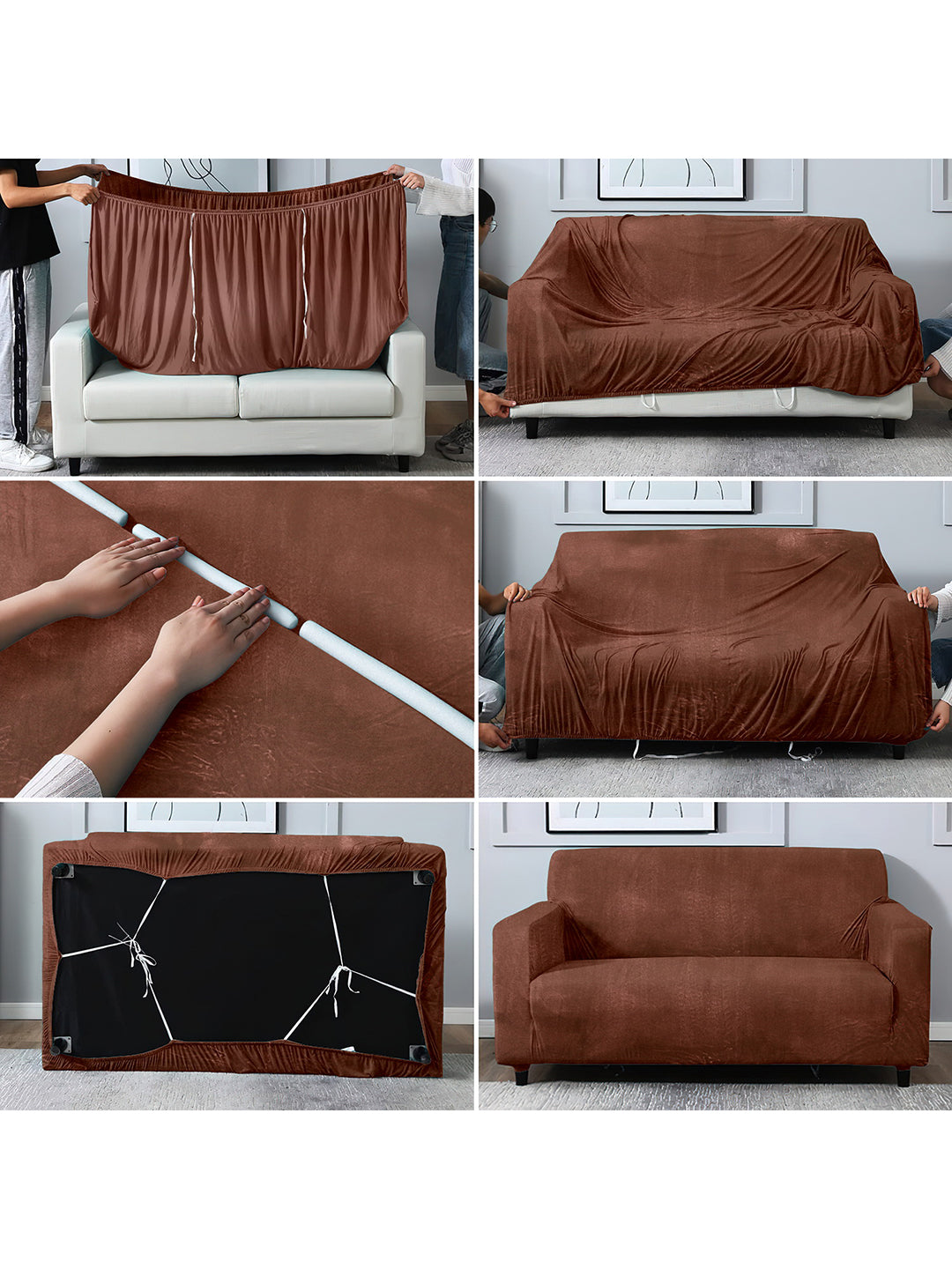 Elastic Stretchable Velvet Sofa Cover 2 Seater-Brown