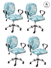 Stretchable Elastic Floral Printed Office Chair Cover Pack of 4- Blue