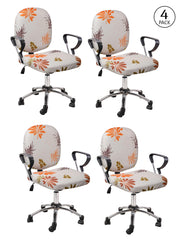 Stretchable Elastic Floral Printed Office Chair Cover Pack of 4- Cream