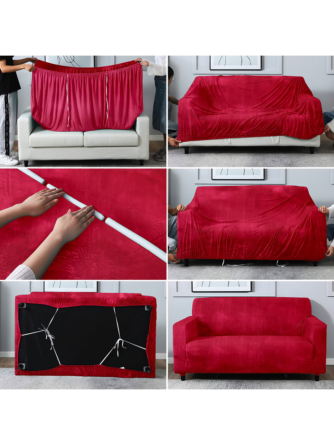 Elastic Stretchable Velvet Sofa Cover 3 Seater-Red