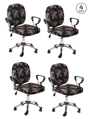 Stretchable Elastic Ethnic Printed Office Chair Cover Pack of 4- Black