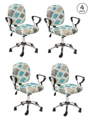 Stretchable Elastic Geometric Printed Office Chair Cover Pack of 4- Turquoise