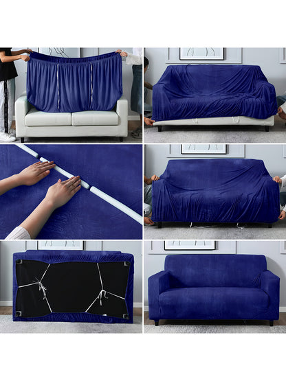 Elastic Stretchable Velvet Sofa Cover 1 Seater-Blue