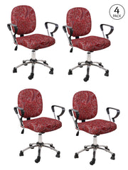 Stretchable Elastic Ethnic Printed Office Chair Cover Pack of 4- Maroon