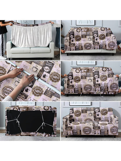 Polyester Stretchable Coffee Bean Printed Sofa Cover 3+1+1 Seater- Brown