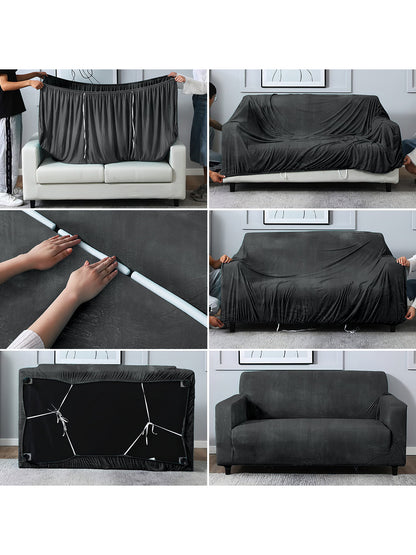 Elastic Stretchable Velvet Sofa Cover 1 Seater-Black