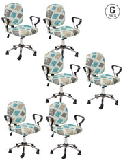 Stretchable Elastic Geometric Printed Office Chair Cover Pack of 6- Turquoise