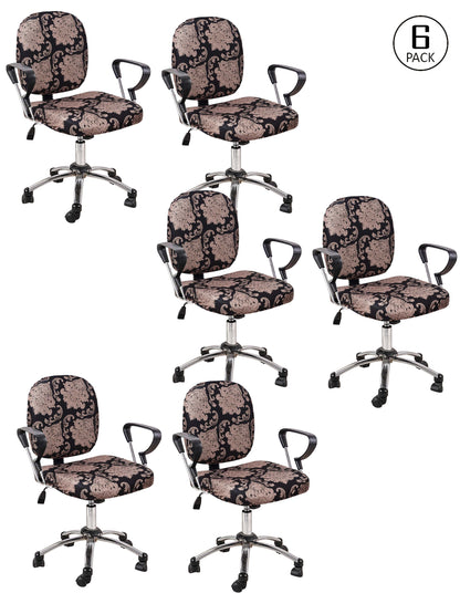 Stretchable Elastic Ethnic Printed Office Chair Cover Pack of 6- Cream