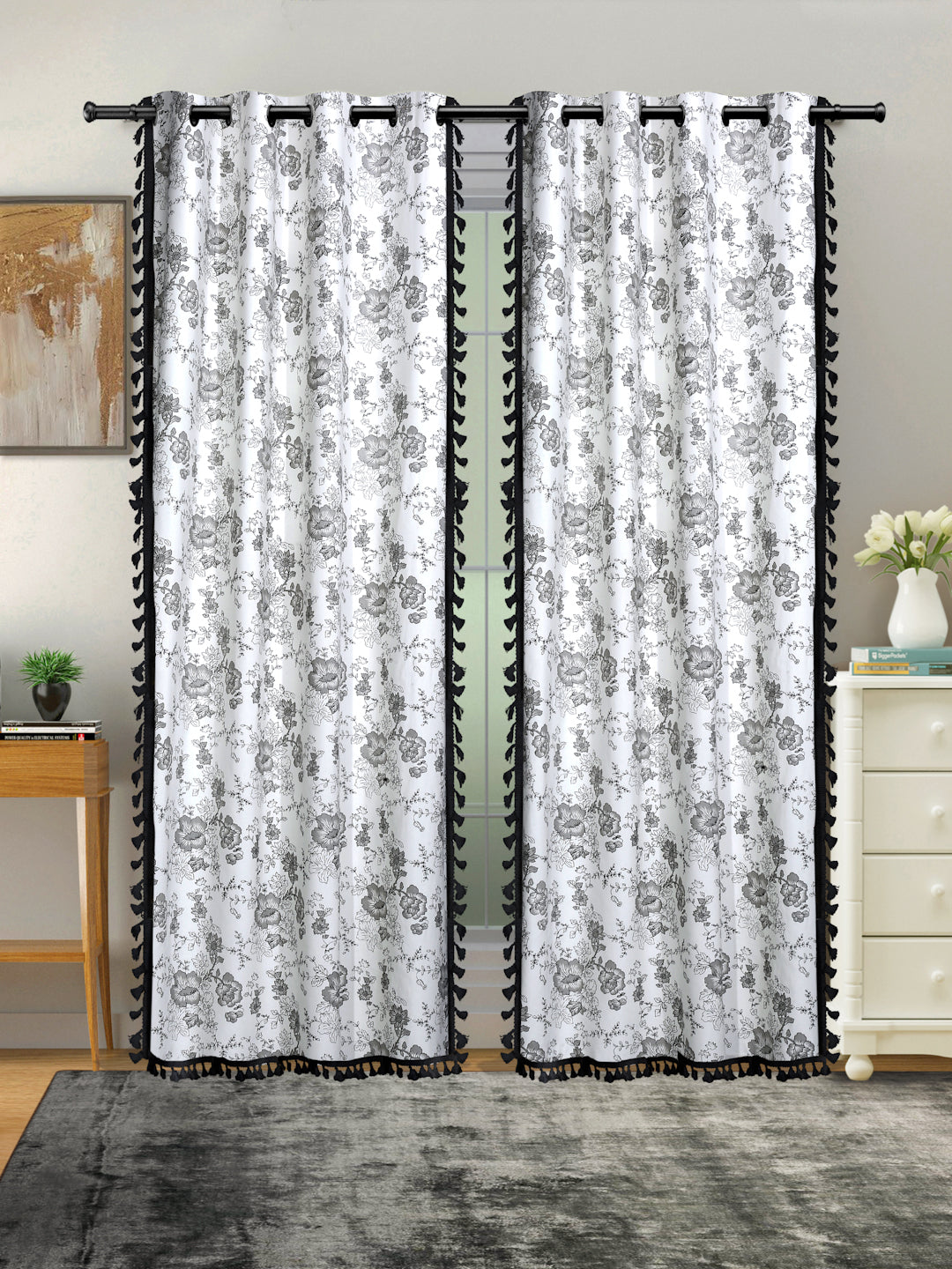 Cotton Printed Boho Light Filtering Long Door Curtain with Lace- Cream (Pack of 2)
