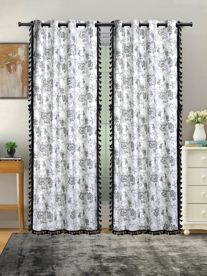 Cotton Printed Boho Light Filtering Long Door Curtain with Lace- Cream (Pack of 2)