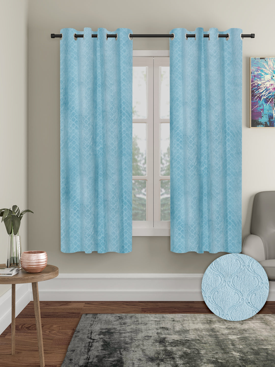 Pack of 2 Velvet Room Darkening Emboss Window Curtains- Light Blue ...