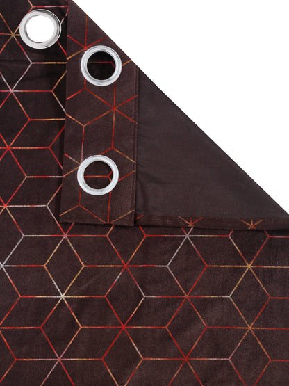 Pack of 2 Velvet Regular Geometric Foil Window Curtains- Brown