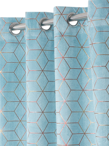 Pack of 2 Velvet Regular Geometric Foil Window Curtains- Light Blue