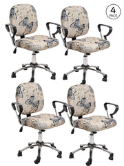 Stretchable Elastic Digital Printed Office Chair Cover Pack of 4- Cream