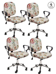 Stretchable Elastic Floral Printed Office Chair Cover Pack of 4- Beige