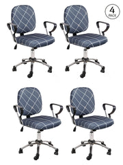 Stretchable Elastic Checks Printed Office Chair Cover Pack of 4- Grey